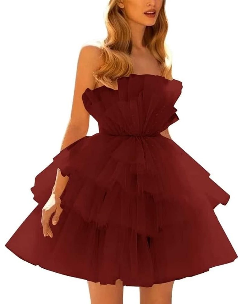 Strapless Homecoming Dresses for Teens Tiered Tulle Puffy Short Prom Dresses Ruffle Mini Party Gown Dark Red $34.50 Dresses