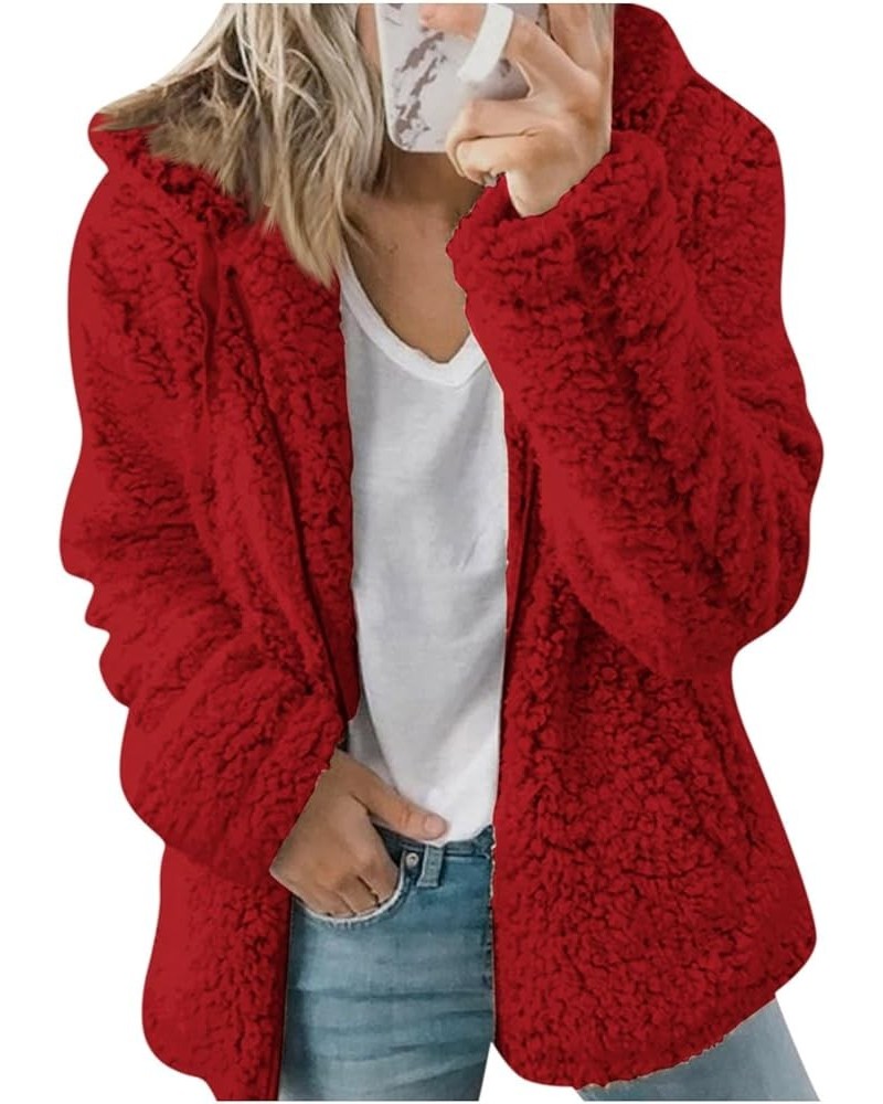 Women's Fur Jackets Fashion Solid Color Jacket Long Sleeve Zipper Hooded Plush Coat Fluffy Jackets, S-2XL 1-red $9.17 Jackets