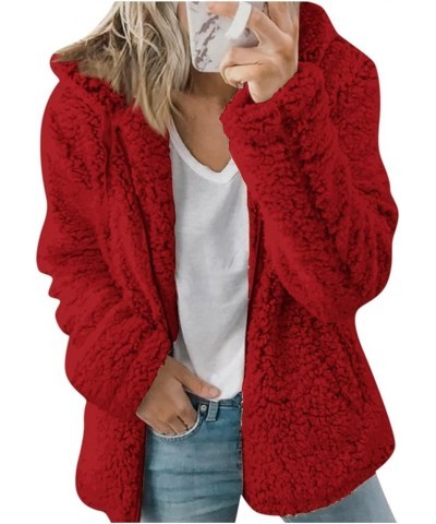 Women's Fur Jackets Fashion Solid Color Jacket Long Sleeve Zipper Hooded Plush Coat Fluffy Jackets, S-2XL 1-red $9.17 Jackets