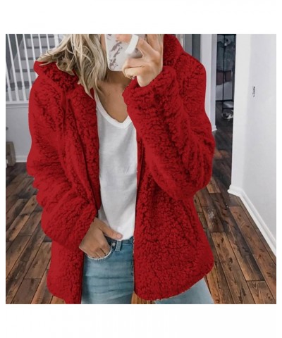 Women's Fur Jackets Fashion Solid Color Jacket Long Sleeve Zipper Hooded Plush Coat Fluffy Jackets, S-2XL 1-red $9.17 Jackets