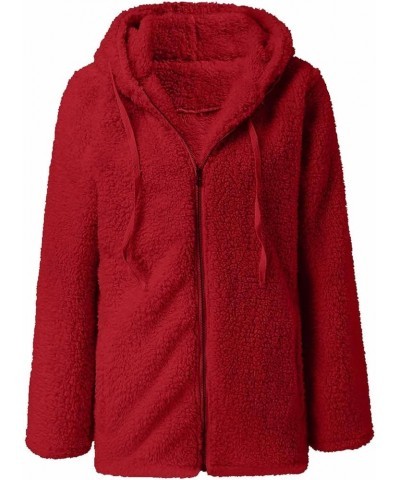 Women's Fur Jackets Fashion Solid Color Jacket Long Sleeve Zipper Hooded Plush Coat Fluffy Jackets, S-2XL 1-red $9.17 Jackets