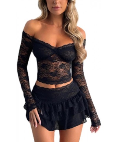 Women 2 Piece Lace Outfits Sexy Low Cut Long Sleeve Crop Top Mini Skirt Set Fairy Floral Lace Skirt Matching Set Dd Suit Blac...