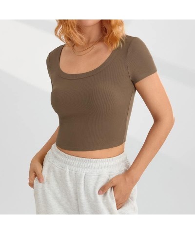 Women Basic Short Sleeve Cropped Shirts Square Neck Ribbed Slim Fit Tee Tops Solid Color Blouse Streetwear 01-brown $7.40 T-S...