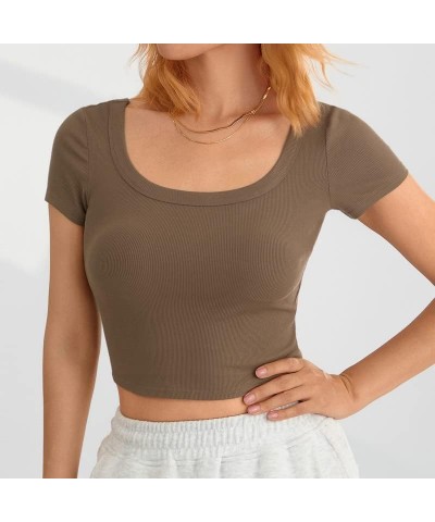 Women Basic Short Sleeve Cropped Shirts Square Neck Ribbed Slim Fit Tee Tops Solid Color Blouse Streetwear 01-brown $7.40 T-S...