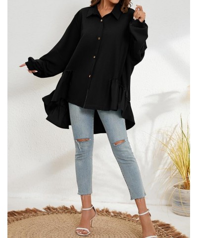 Women Oversized Button Front Pleated Sweatshirt Mini Dress Patchwork Lapel Ruffle Hem Trendy Flowy Sweatshirts Black $18.45 H...