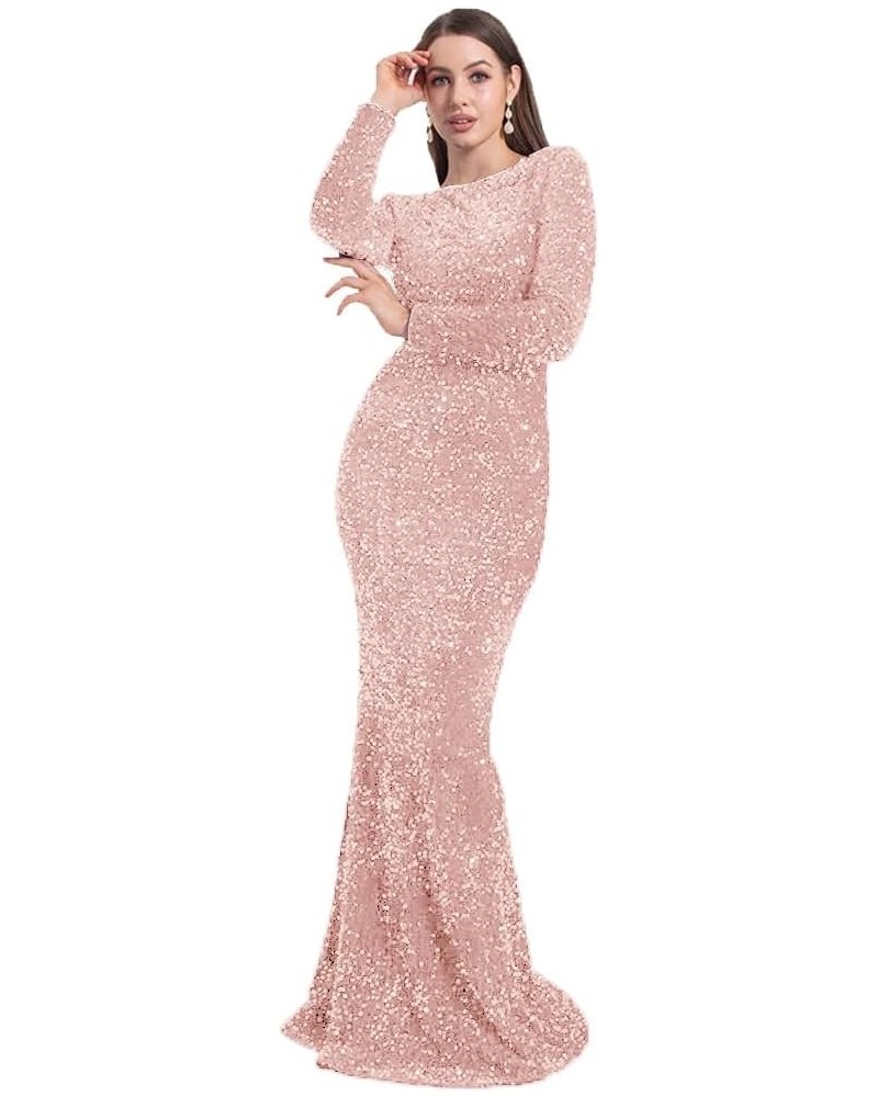 Sequin Prom Dress Long Sleeve Formal Dress Mermaid Sparkly Glitter Stretch Long Party Gown for Women Blush B $32.66 Dresses