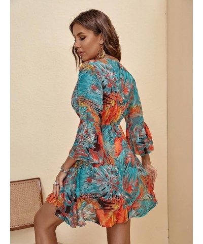 Women's Beach Tropical Print Tie Front Drawstring Waist Swimsuit Kimono Orange Amd Green $14.57 Swimsuits