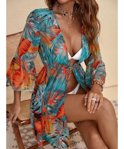 Women's Beach Tropical Print Tie Front Drawstring Waist Swimsuit Kimono Orange Amd Green $14.57 Swimsuits