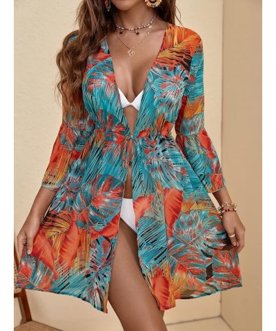 Women's Beach Tropical Print Tie Front Drawstring Waist Swimsuit Kimono Orange Amd Green $14.57 Swimsuits