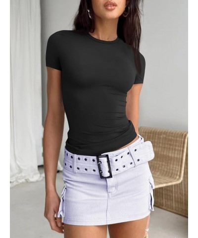 Womens Basic T-Shirts Scoop Neck Short Sleeve Crop Tops Cute Summer Tops Slim Fit Tees Y2k Clothing 2024 Black $11.39 T-Shirts