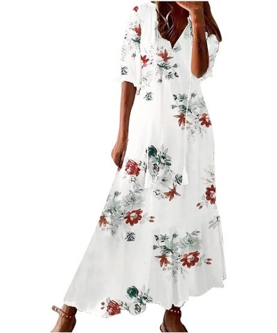 Maxi Dress for Women Half Sleeve Casual V Neck Drawstring Ruffle Collar Dresses 2024 Lightweight Floral Boho Sundress D02whit...