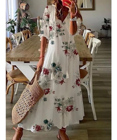 Maxi Dress for Women Half Sleeve Casual V Neck Drawstring Ruffle Collar Dresses 2024 Lightweight Floral Boho Sundress D02whit...