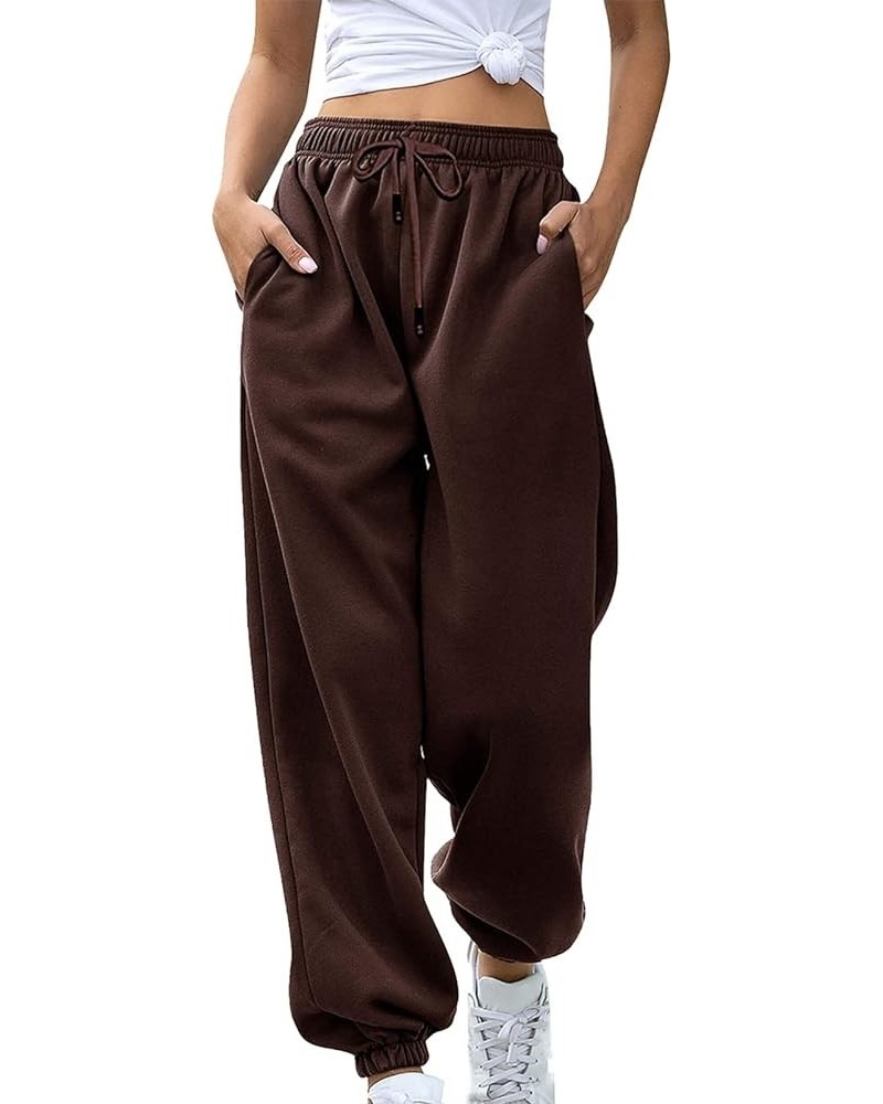 Wide Leg Sweatpants Women Drawstring Elastic High Waisted Joggers Baggy Casual Workout Lounge Pants with Pockets B02-brown $4...