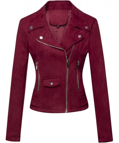 Womens Faux Leather Jacket Slim Fitted Moto Biker Outwear Coat Fall Fashion Clothes 2023 05-wine $15.75 Coats