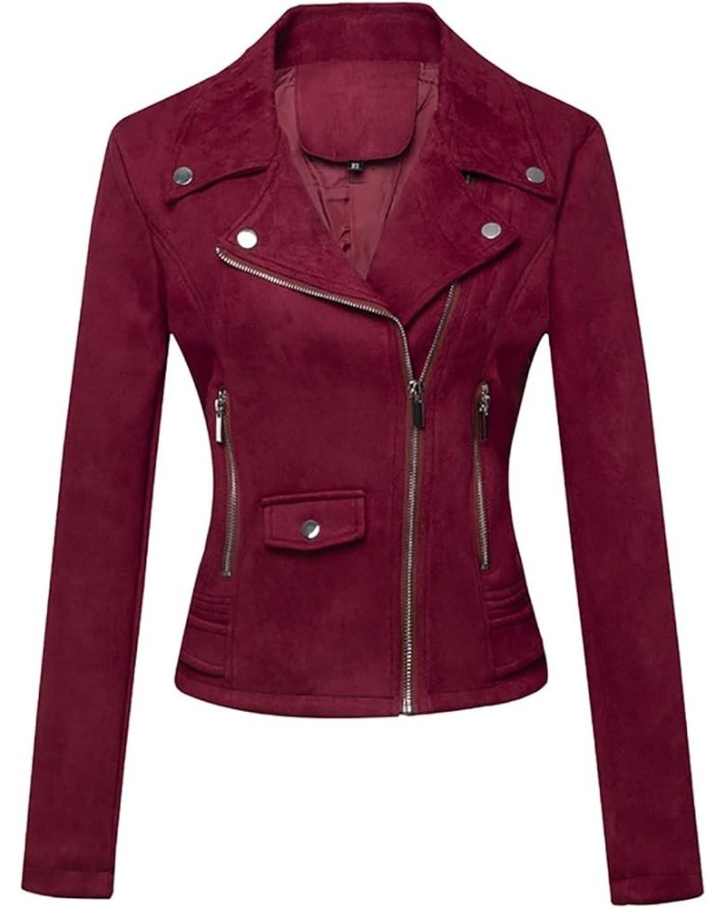 Womens Faux Leather Jacket Slim Fitted Moto Biker Outwear Coat Fall Fashion Clothes 2023 05-wine $15.75 Coats