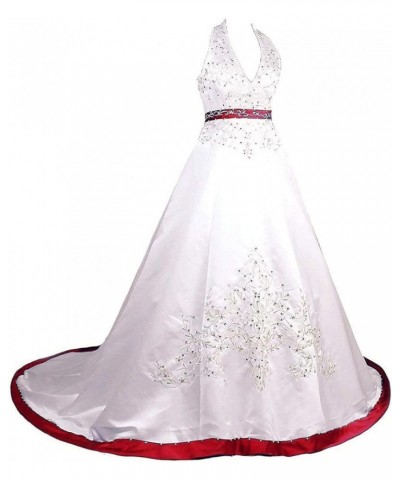 Women's Halter A-line Satin Embroidery Bridal Wedding Dresses for Bride Ivory & Red $56.25 Dresses