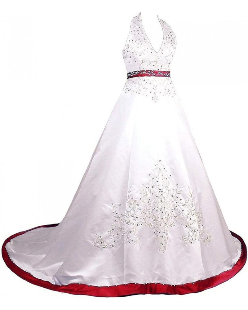 Women's Halter A-line Satin Embroidery Bridal Wedding Dresses for Bride Ivory & Red $56.25 Dresses