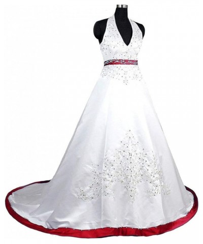 Women's Halter A-line Satin Embroidery Bridal Wedding Dresses for Bride Ivory & Red $56.25 Dresses