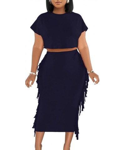 Women's 2 Piece Outfits Crew Neck Fringe Short Sleeve Crop Top and Tassel Trim Bodycon Midi Skirt Set Navy Blue $22.54 Suits