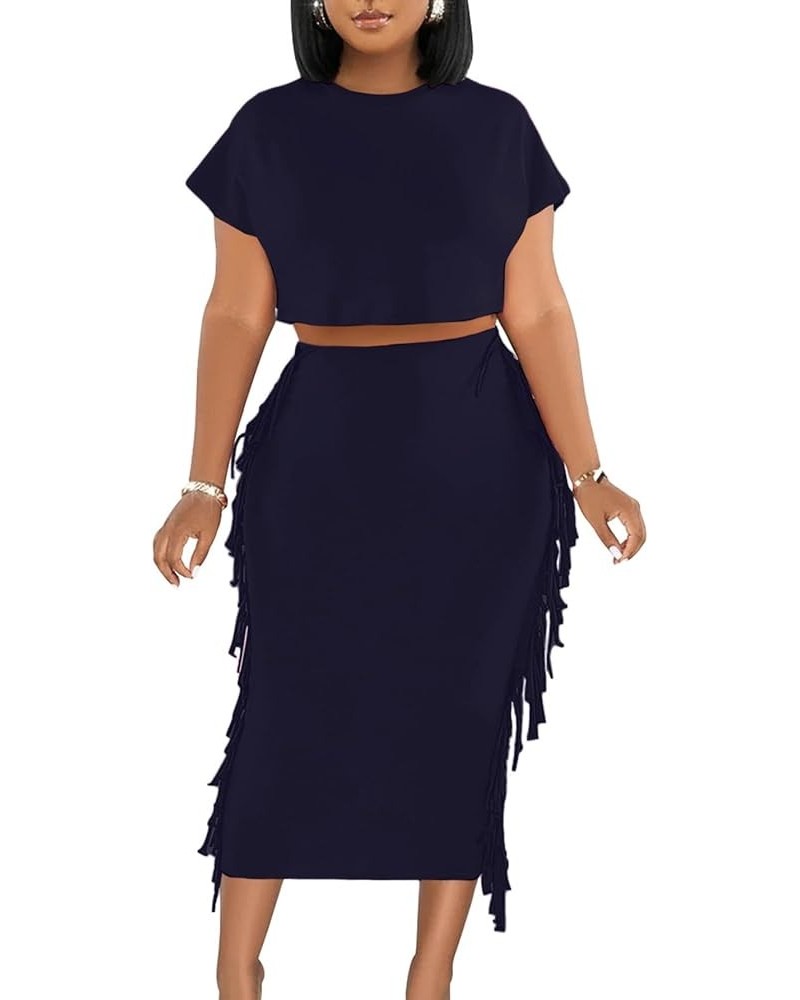 Women's 2 Piece Outfits Crew Neck Fringe Short Sleeve Crop Top and Tassel Trim Bodycon Midi Skirt Set Navy Blue $22.54 Suits