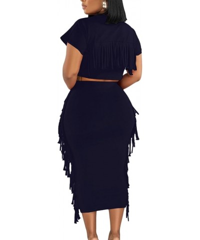 Women's 2 Piece Outfits Crew Neck Fringe Short Sleeve Crop Top and Tassel Trim Bodycon Midi Skirt Set Navy Blue $22.54 Suits