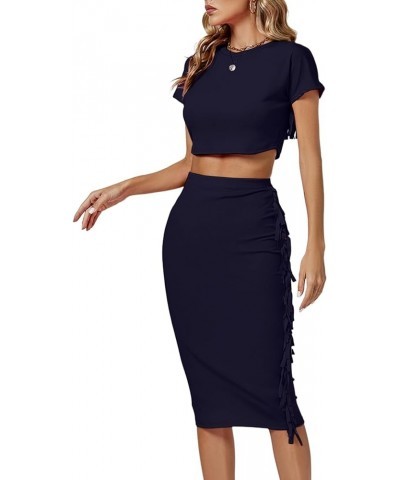 Women's 2 Piece Outfits Crew Neck Fringe Short Sleeve Crop Top and Tassel Trim Bodycon Midi Skirt Set Navy Blue $22.54 Suits