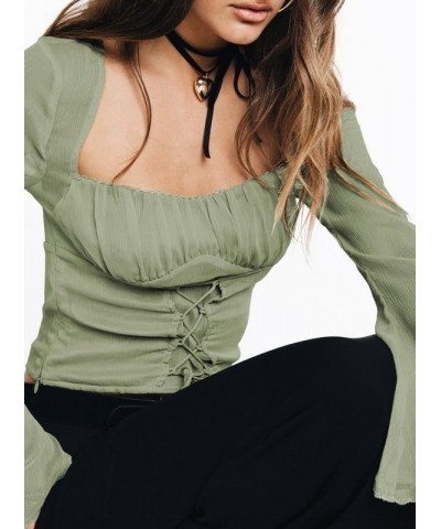 Y2k Tie Front Long Sleeve Cardigan for Women Sexy Mesh Ruffle Blouse Low Cut See Through Crop Tops 06-green $10.02 Sweaters