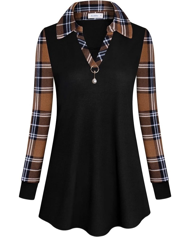 Womens Long Sleeve Tunic Tops Lapel V Neck Blouses Business Casual Shirts Tops Black Coffee Plaid-26 $10.81 Tops