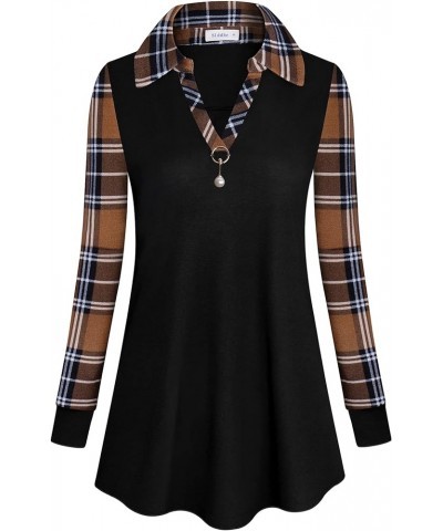 Womens Long Sleeve Tunic Tops Lapel V Neck Blouses Business Casual Shirts Tops Black Coffee Plaid-26 $10.81 Tops