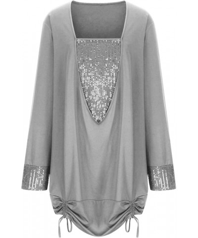 Sequin Tops for Women Long Sleeve Sparkly Tunic Shirt Draped Flowy Party Pullover Drawstring Hem Glitter Blouse B01-gray $10....