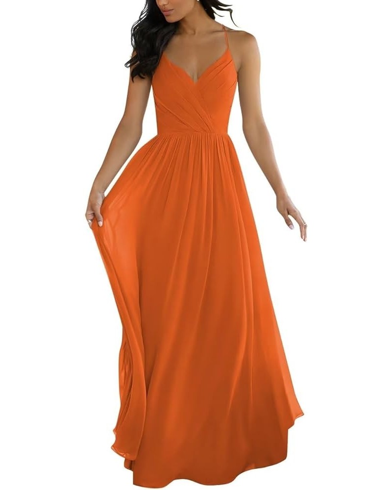 V Neck Bridesmaid Dresses for Women 2024 Long Chiffon Pleated A-line Spaghetti Strap Wedding Evening Prom Gown Orange $36.95 ...