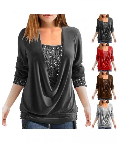 Sequin Tops for Women Long Sleeve Sparkly Tunic Shirt Draped Flowy Party Pullover Drawstring Hem Glitter Blouse B01-gray $10....