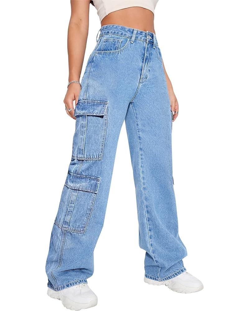 Women's High Waist Cargo Jeans Flap Pocket Baggy Cargo Pants Y2K Wide Leg Denim Jeans Y2K Streetwear Pants. Light Blue $21.39...