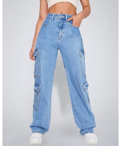 Women's High Waist Cargo Jeans Flap Pocket Baggy Cargo Pants Y2K Wide Leg Denim Jeans Y2K Streetwear Pants. Light Blue $21.39...