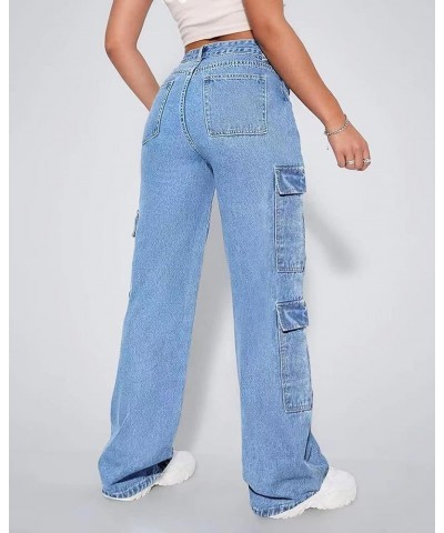 Women's High Waist Cargo Jeans Flap Pocket Baggy Cargo Pants Y2K Wide Leg Denim Jeans Y2K Streetwear Pants. Light Blue $21.39...