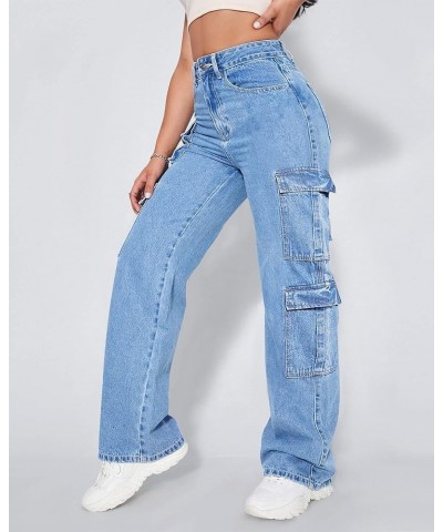 Women's High Waist Cargo Jeans Flap Pocket Baggy Cargo Pants Y2K Wide Leg Denim Jeans Y2K Streetwear Pants. Light Blue $21.39...