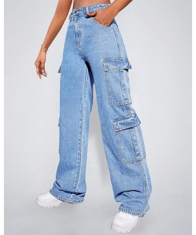 Women's High Waist Cargo Jeans Flap Pocket Baggy Cargo Pants Y2K Wide Leg Denim Jeans Y2K Streetwear Pants. Light Blue $21.39...