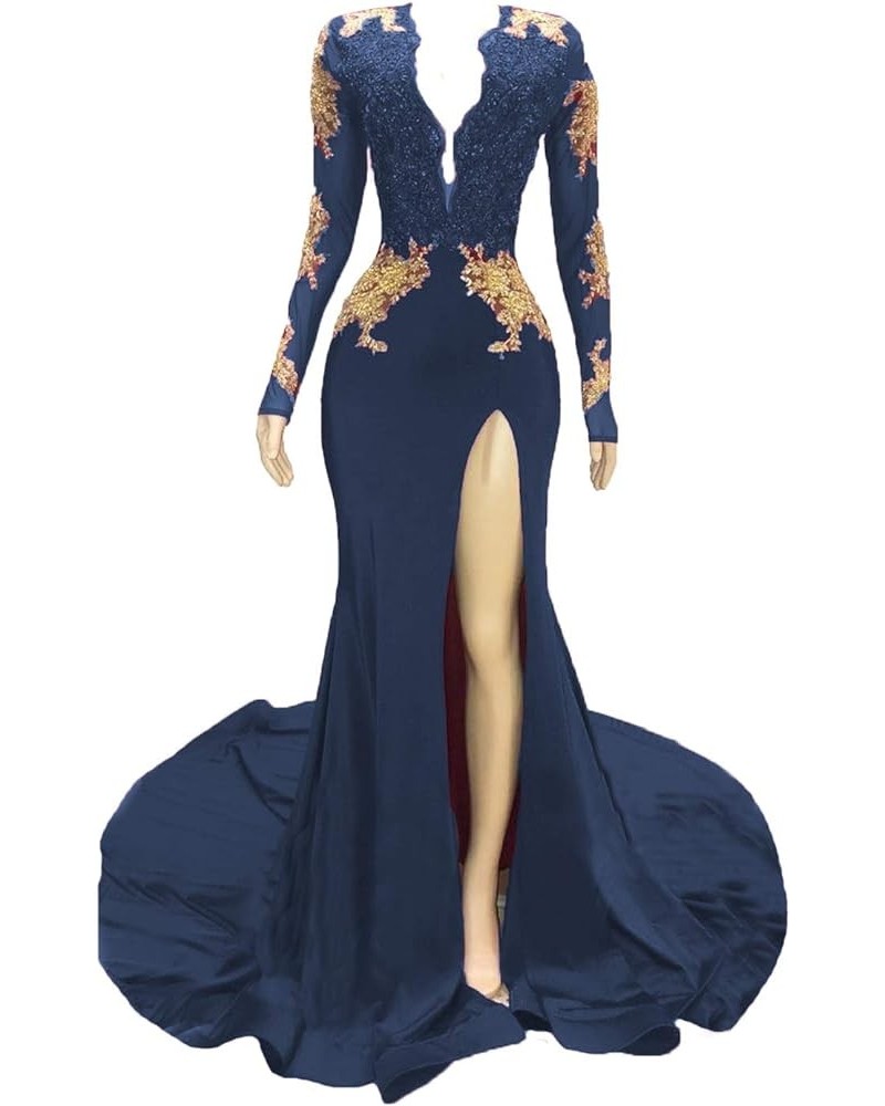 Women's Black Long Sleeves Prom Dress Gold Appliques Mermaid Evening Dress Black 2 Navy B $31.35 Dresses