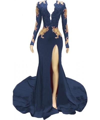 Women's Black Long Sleeves Prom Dress Gold Appliques Mermaid Evening Dress Black 2 Navy B $31.35 Dresses