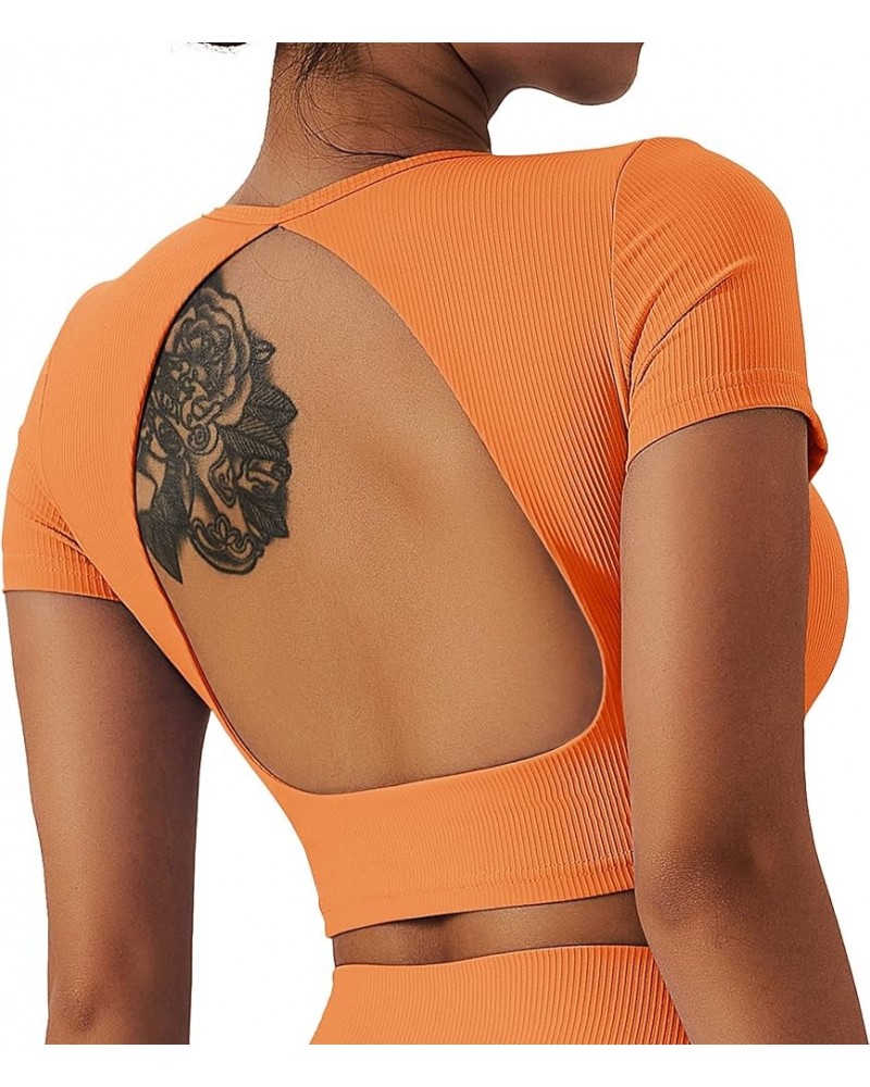 Womens Crop Tops Open Back Workout Cropped Tops Ribbed Seamless Sexy Backless Gym Athletic T Shirts Built in Bra Orange $11.6...