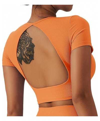 Womens Crop Tops Open Back Workout Cropped Tops Ribbed Seamless Sexy Backless Gym Athletic T Shirts Built in Bra Orange $11.6...