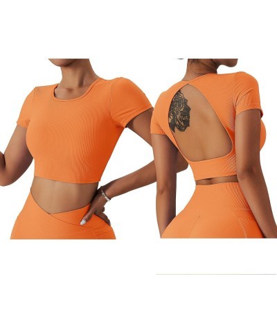 Womens Crop Tops Open Back Workout Cropped Tops Ribbed Seamless Sexy Backless Gym Athletic T Shirts Built in Bra Orange $11.6...