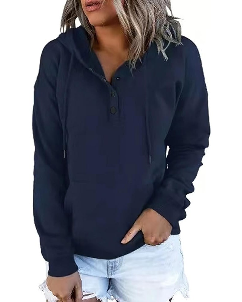 Womens Casual Hoodies Pullover Long Sleeve Drawstring Sweatshirts with Pocket Navy Blue $23.36 Hoodies & Sweatshirts