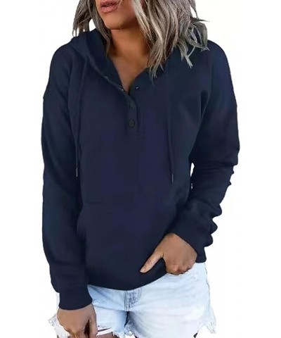 Womens Casual Hoodies Pullover Long Sleeve Drawstring Sweatshirts with Pocket Navy Blue $23.36 Hoodies & Sweatshirts