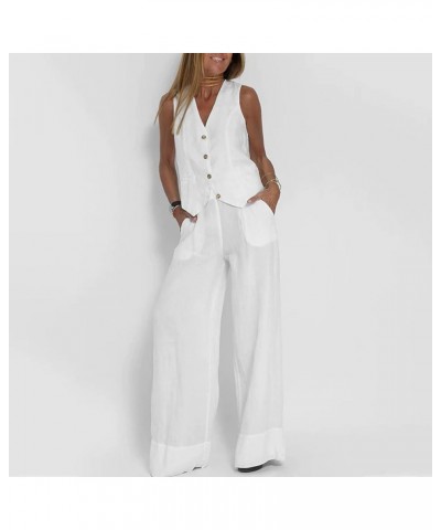 Women Suits 2 Piece Set V Neck Sleeveless Button Vest Wide Leg Pants 2 Piece Blazer Suit Summer Linen Matching Sets White $18...