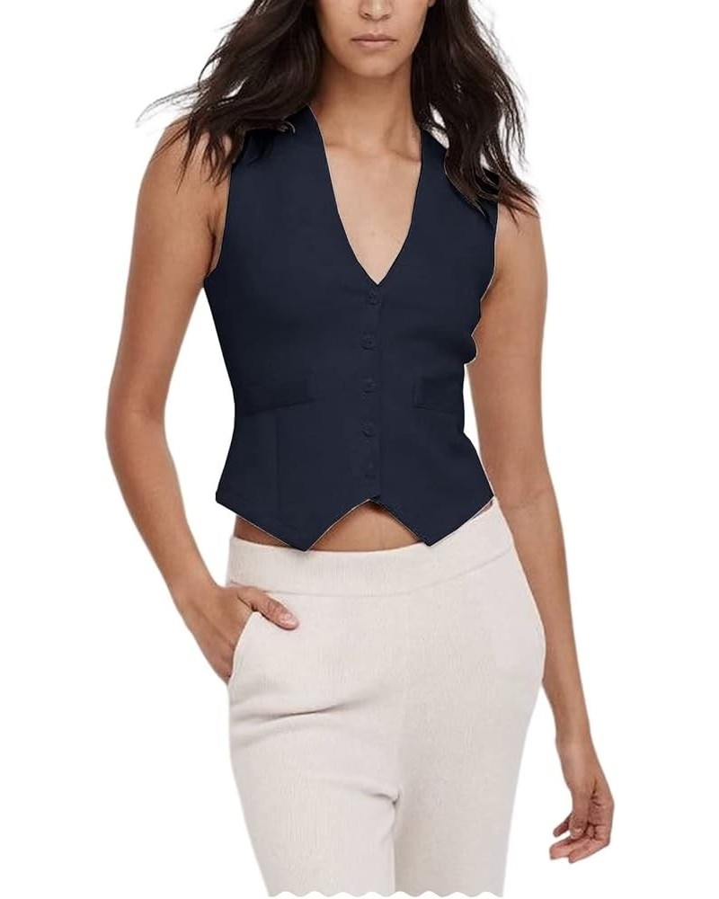 Women's Fully Lined Vest Formal Business Dress Suits Button Down Waistcoats Navy Blue $17.48 Vests