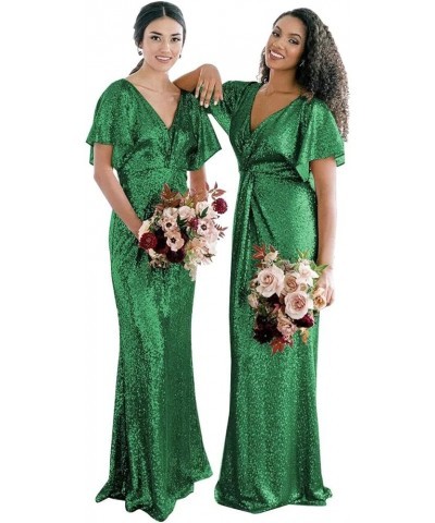 Women's V Neck Sequin Bridesmaid Dresses Long Sparkly Prom Dresses 2024 Mermaid Wrap Formal Evening Gowns Emerald Green $36.1...