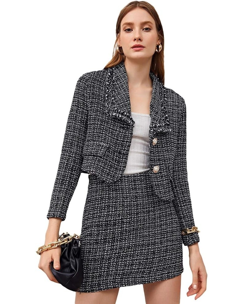 Women's Business Suit 2 Pieces Tweed Blazer Jacket Coat and Skirt Set Black 1 $28.82 Suits