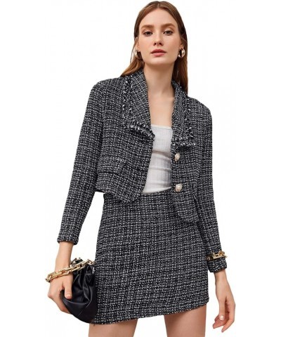 Women's Business Suit 2 Pieces Tweed Blazer Jacket Coat and Skirt Set Black 1 $28.82 Suits