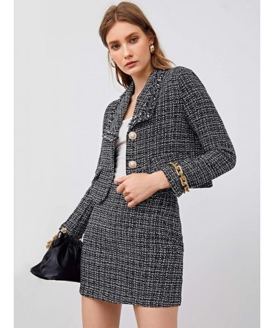 Women's Business Suit 2 Pieces Tweed Blazer Jacket Coat and Skirt Set Black 1 $28.82 Suits